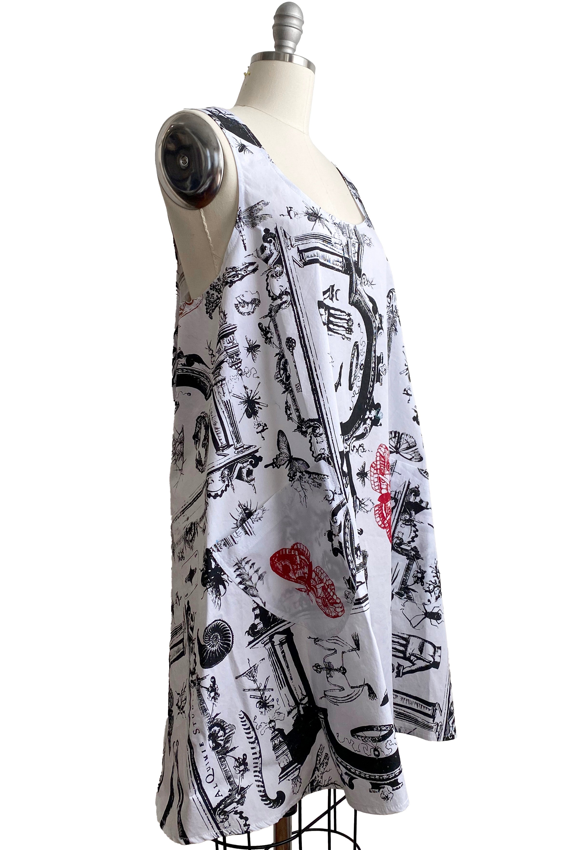 Apron Dress in Cotton - Alquimie Print - B&W w/ Red Accents