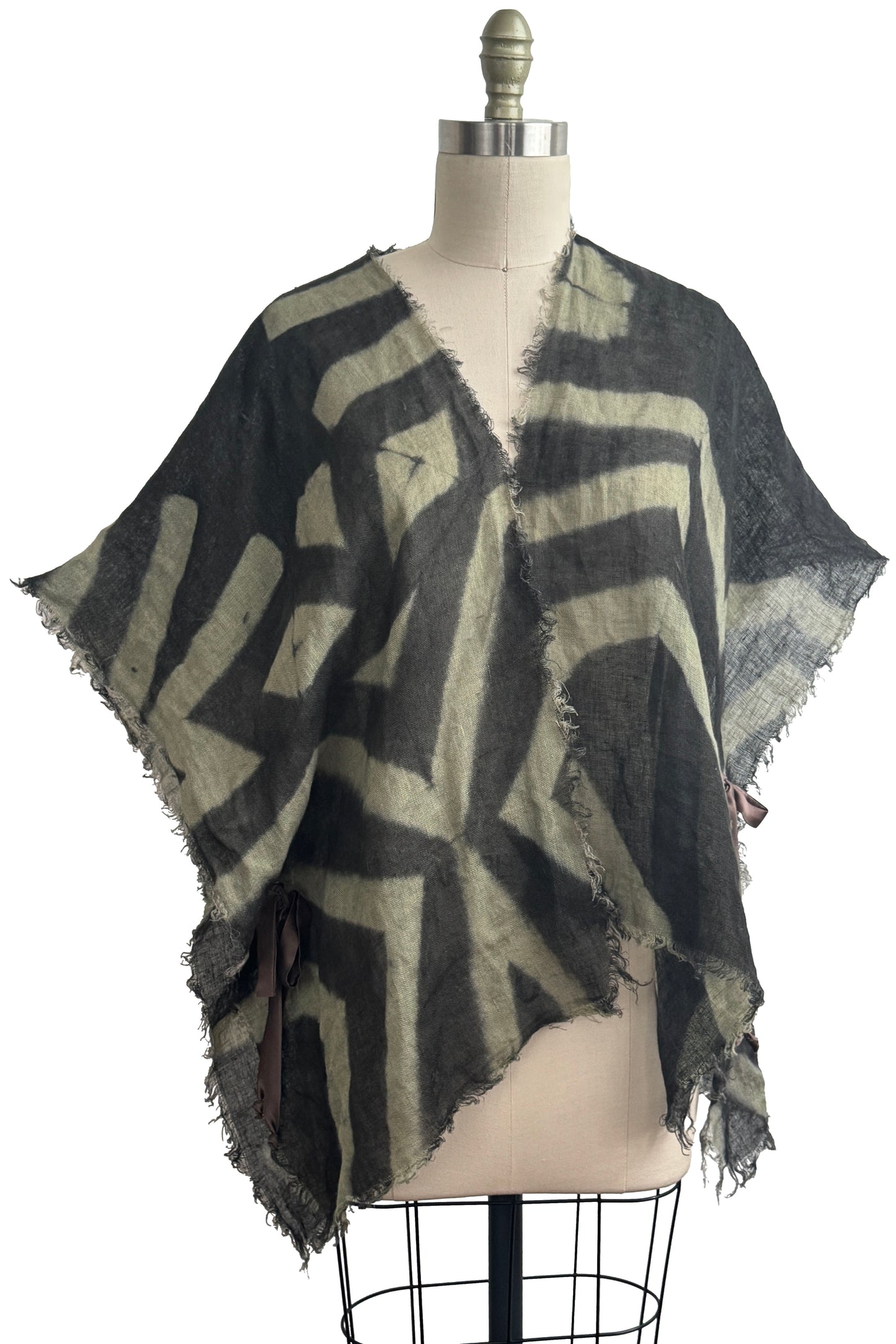 Cover-up w/ Silk Ties | Open Weave Linen | Itajime Dyed | Charcoal & Grey