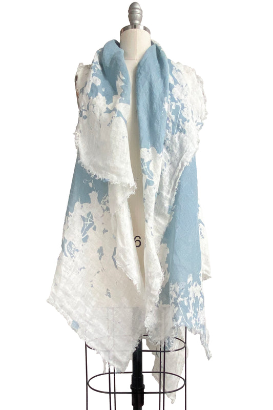 Asymmetrical Wrap Vest Open Weave Linen w/ Bramble Print - Light Blue & Natural White