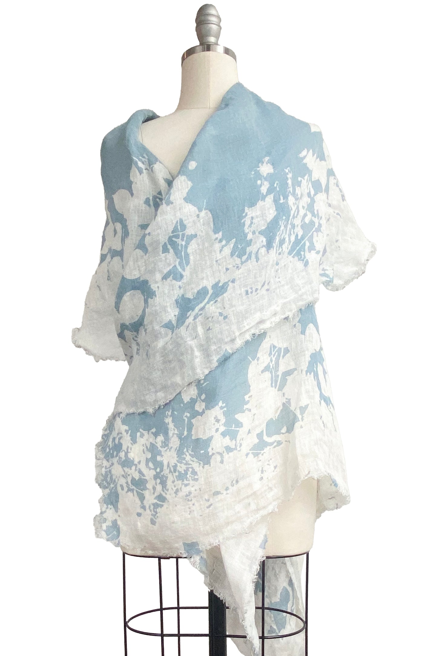 Asymmetrical Wrap Vest Open Weave Linen w/ Bramble Print - Light Blue & Natural White