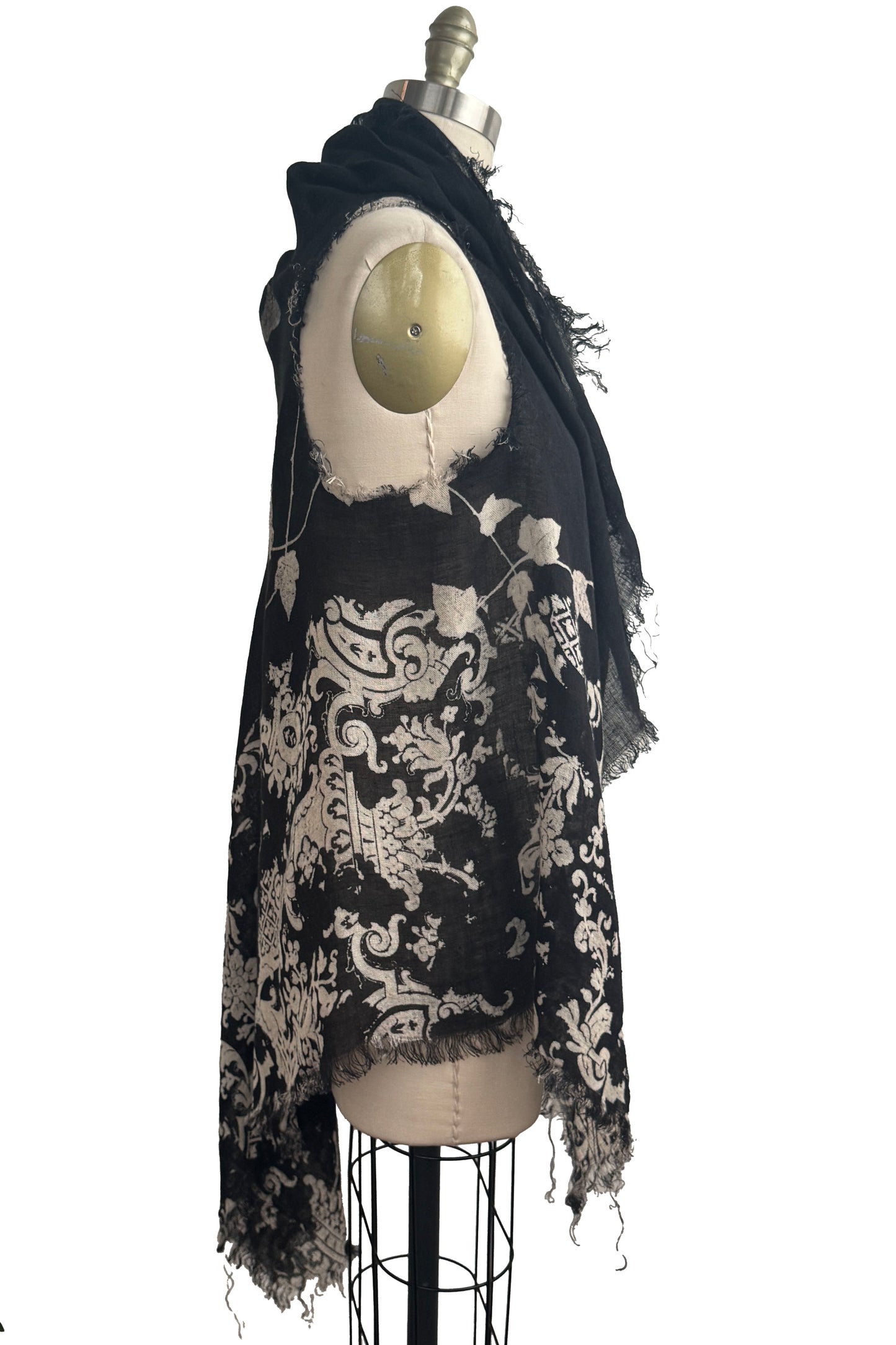 Asymmetrical Wrap Vest | Open Weave Linen | Wallpaper & Vines Print | Black & Natural