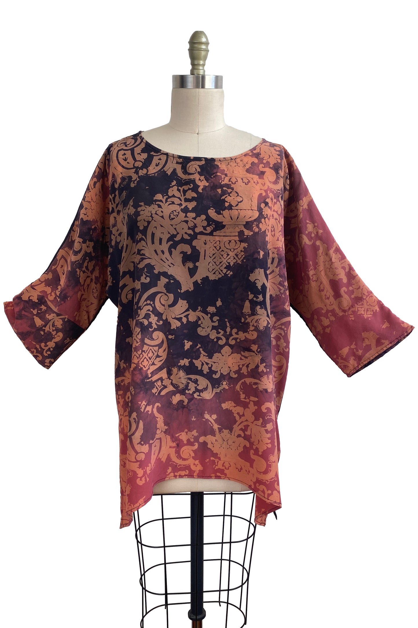 Greg's Tunic in Silk Georgette w/ Wallpaper Print - Orange, Coral & Eggplant