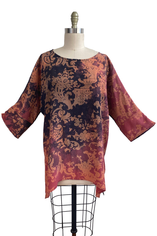 Greg's Tunic in Silk Georgette w/ Wallpaper Print - Orange, Coral & Eggplant