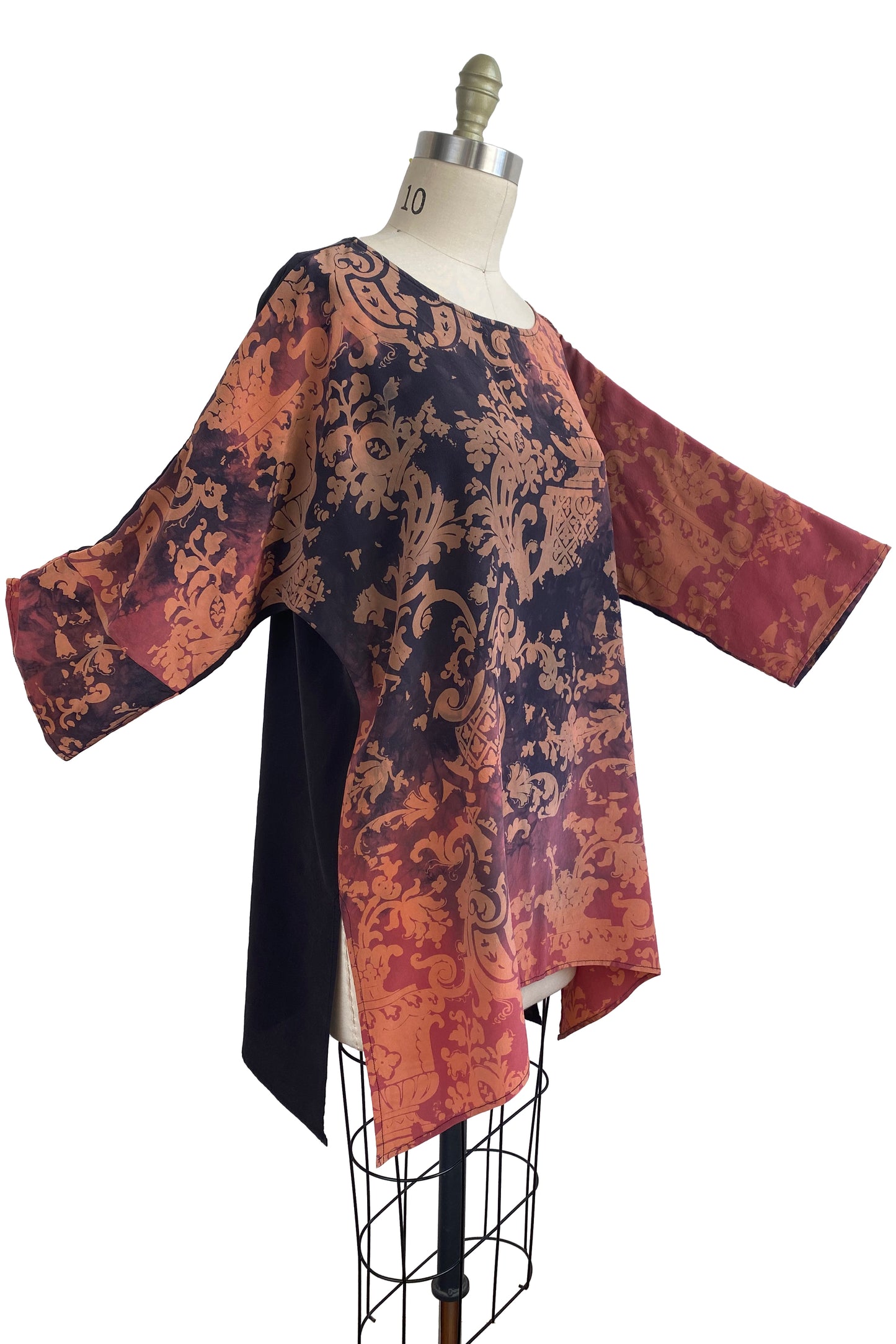 Greg's Tunic in Silk Georgette w/ Wallpaper Print - Orange, Coral & Eggplant