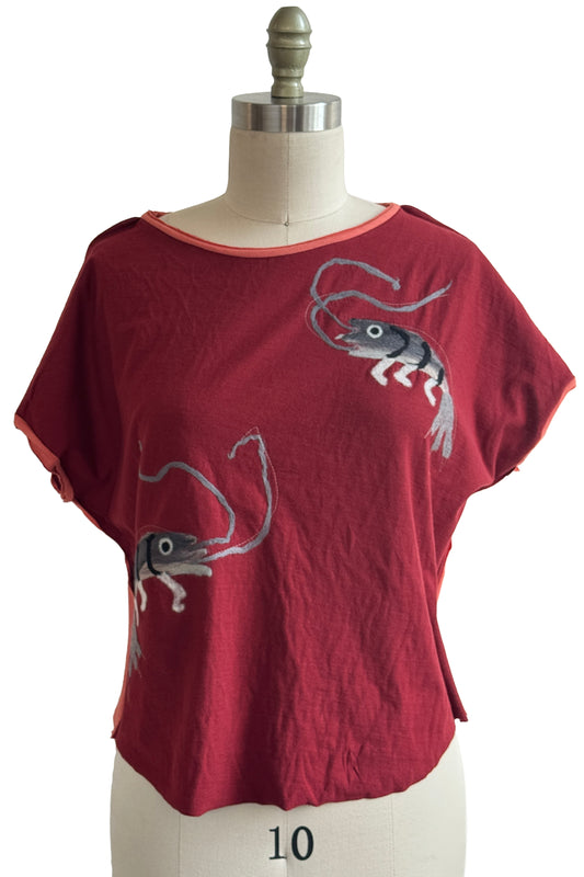Jen Top | Organic Cotton Jersey | Needle Felted Crawfish | Red & Coral | Small