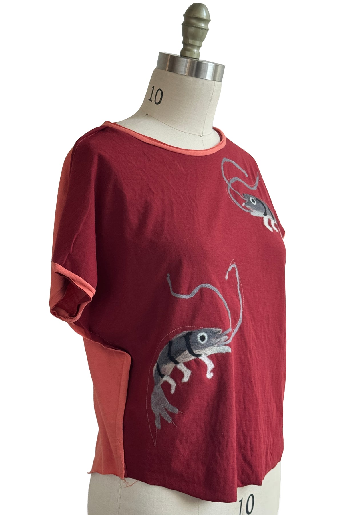 Jen Top | Organic Cotton Jersey | Needle Felted Crawfish | Red & Coral | Small