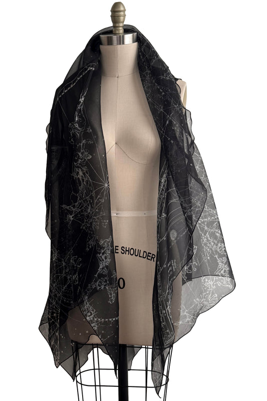 Asymmetrical Wrap Vest | Silk Organza | Celestial Print | Black