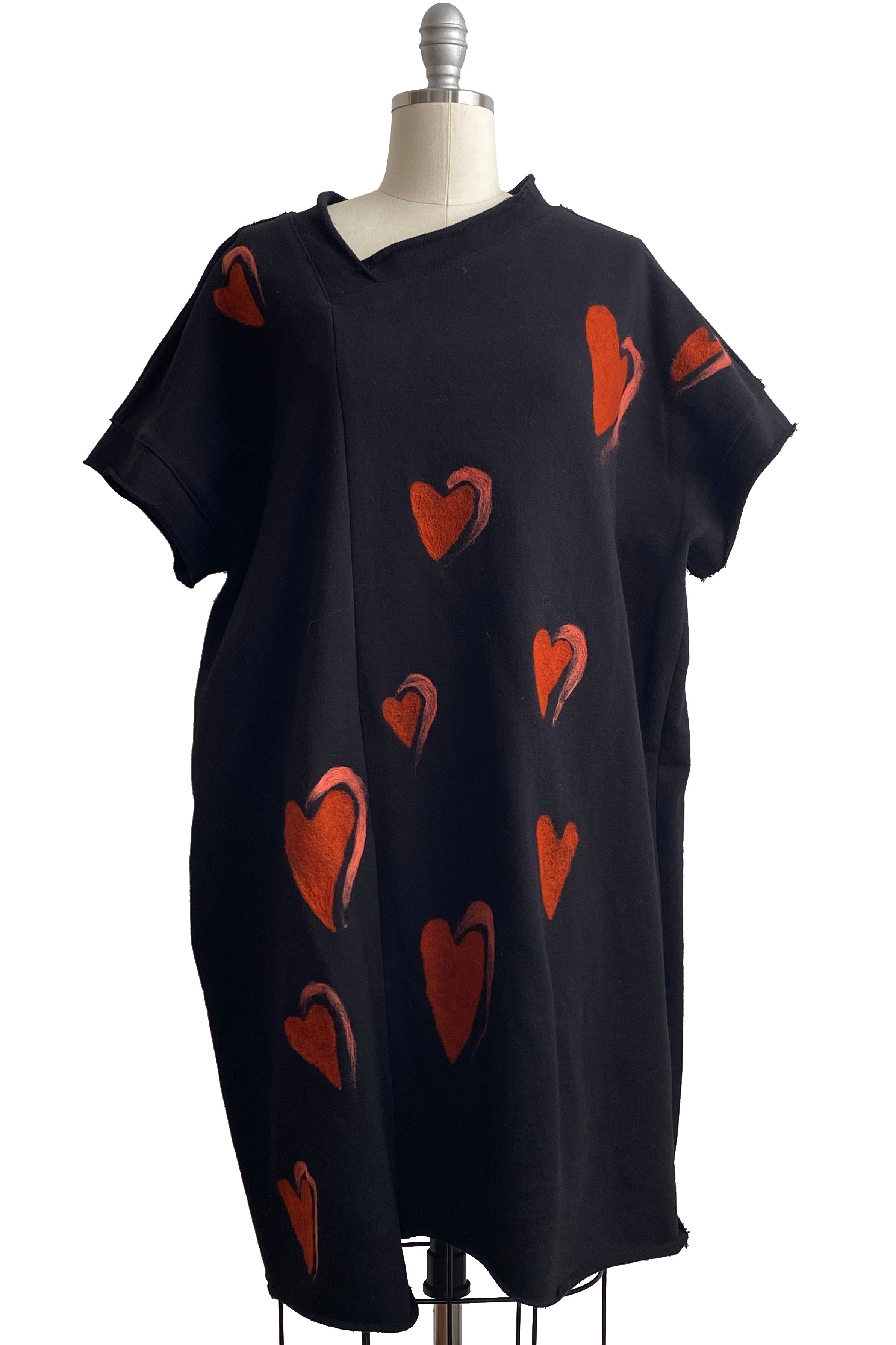 Petra Tunic Knit w/ Felted Hearts - Black, Pink, & Red - Medium