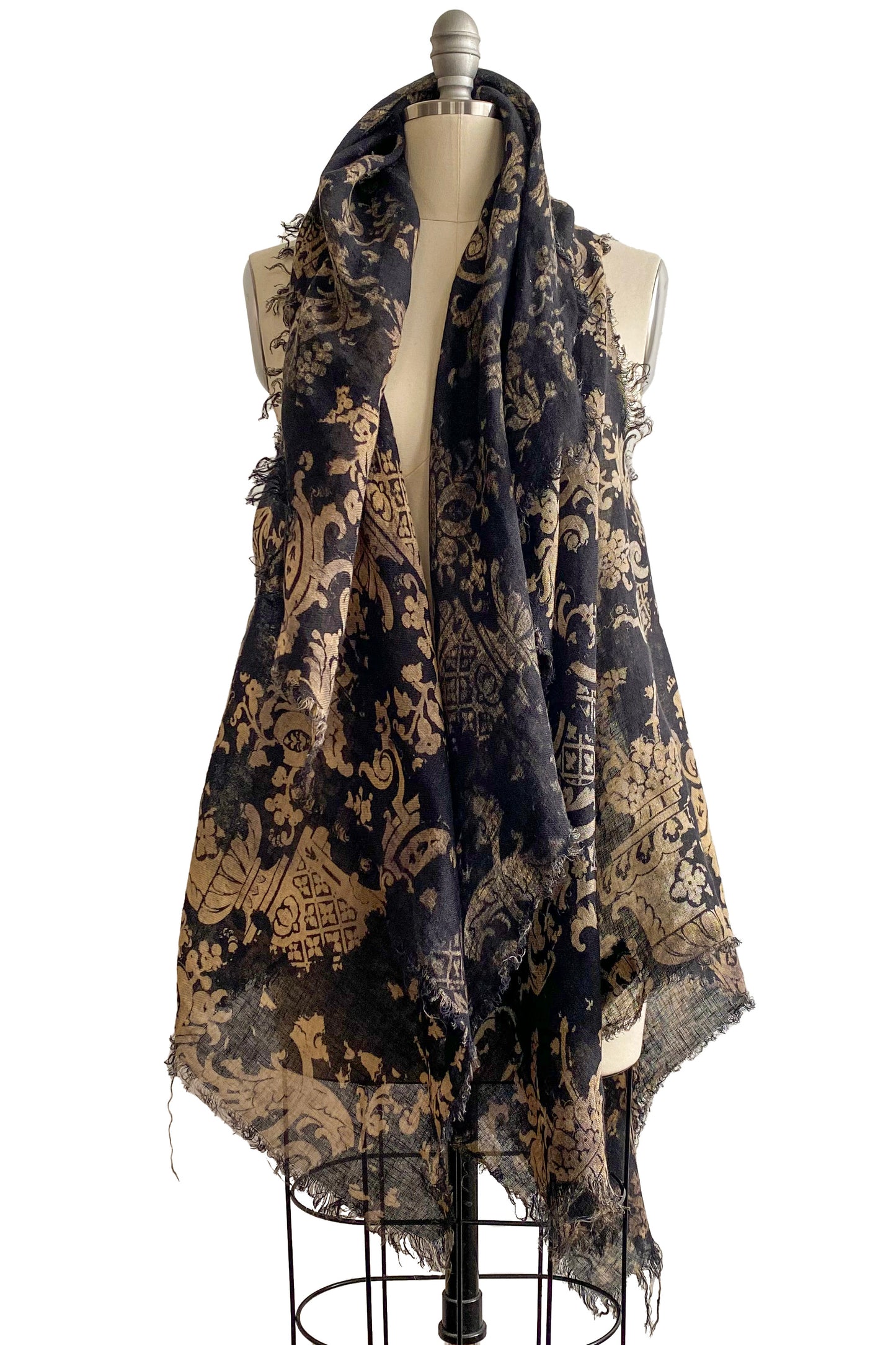 Asymmetrical Wrap Vest - Open Weave Linen w/ Wallpaper Print - Black & Natural