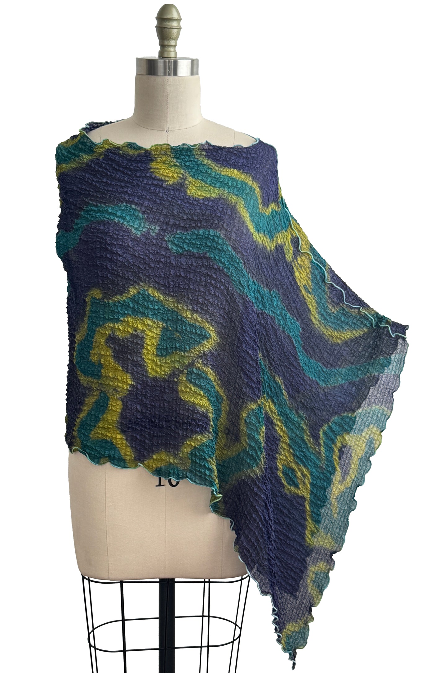 Asymmetrical Layover Poncho | Waffle Textured Silk | River Dyed | Blue, Turquoise & Yellow