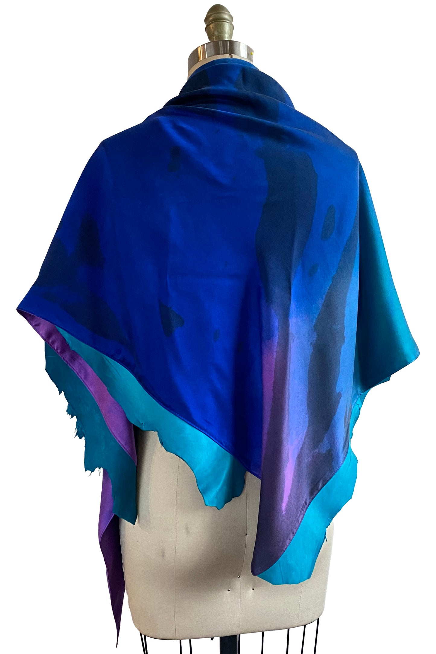 Triangle Shawl w/ Leather Trim, Spray Dye - Purple, Blue & Turquoise