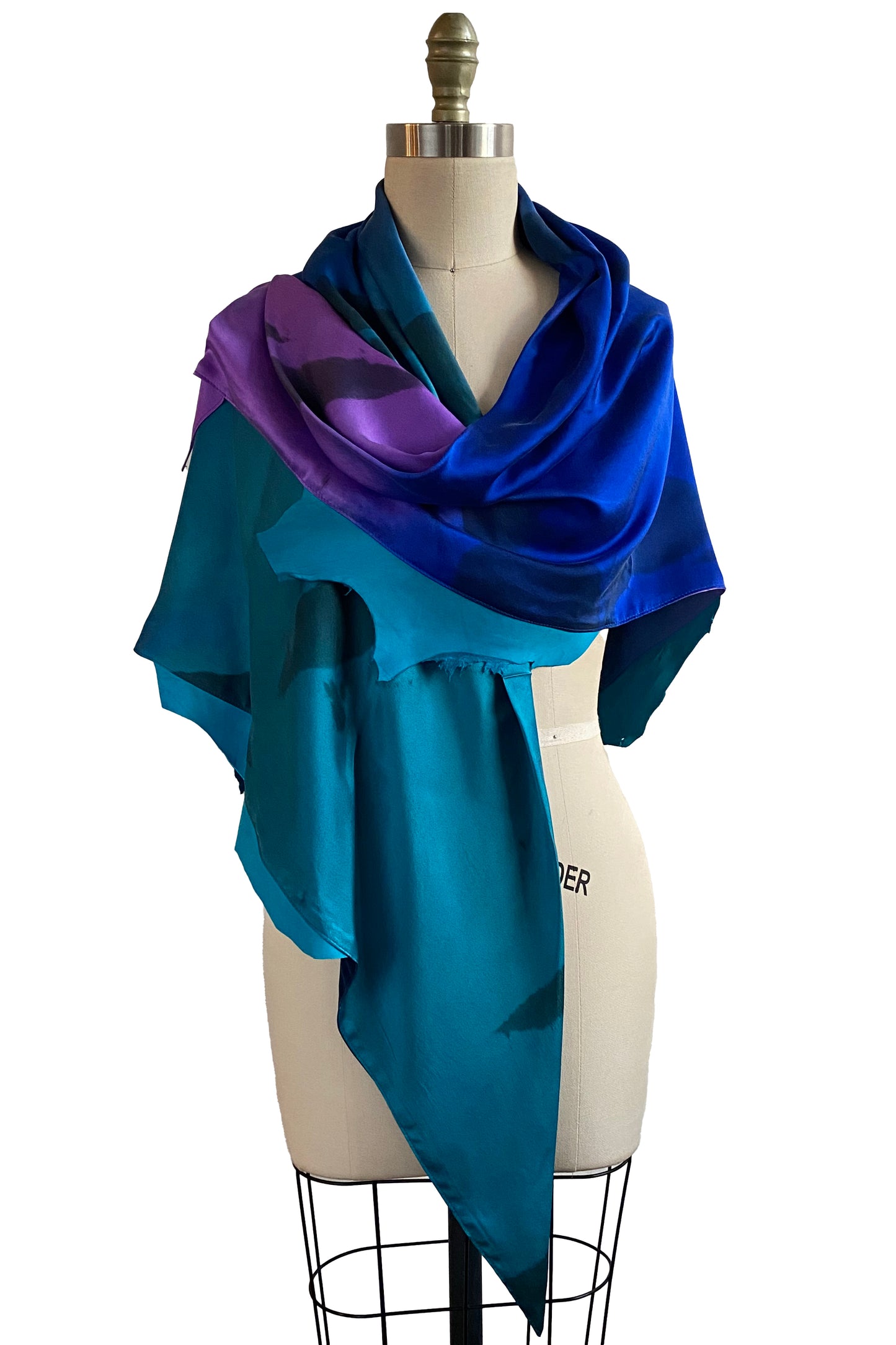 Triangle Shawl w/ Leather Trim, Spray Dye - Purple, Blue & Turquoise