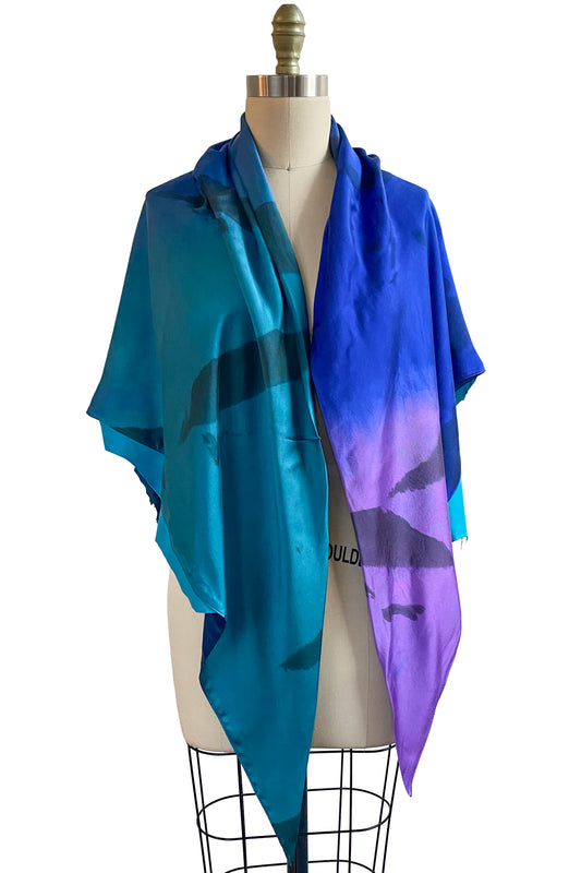 Triangle Shawl w/ Leather Trim, Spray Dye - Purple, Blue & Turquoise