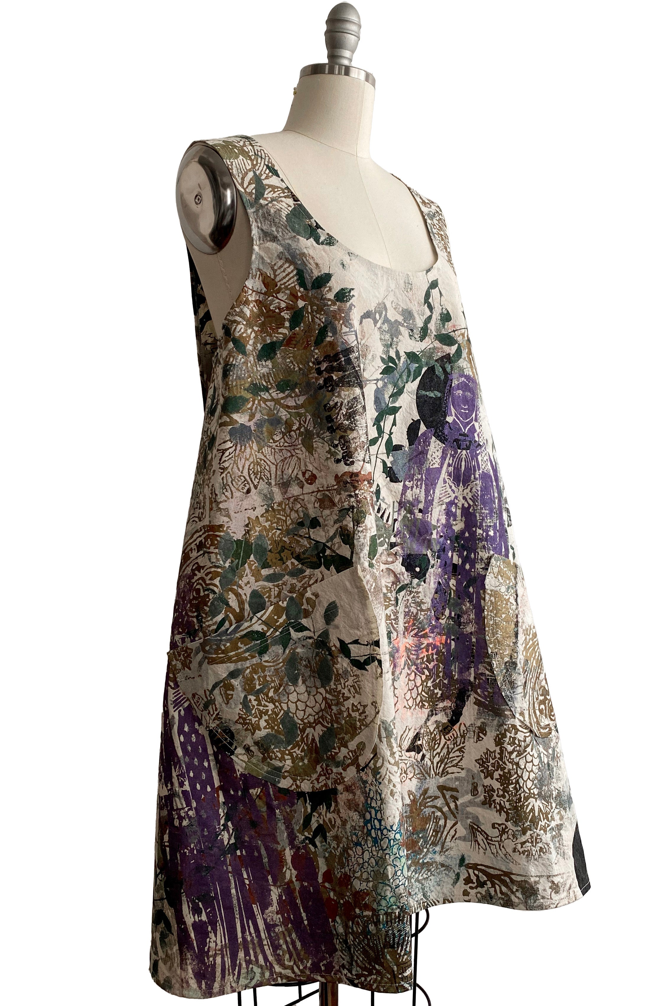 Apron Dress in Cotton - Chaos Print - Tan & Multi