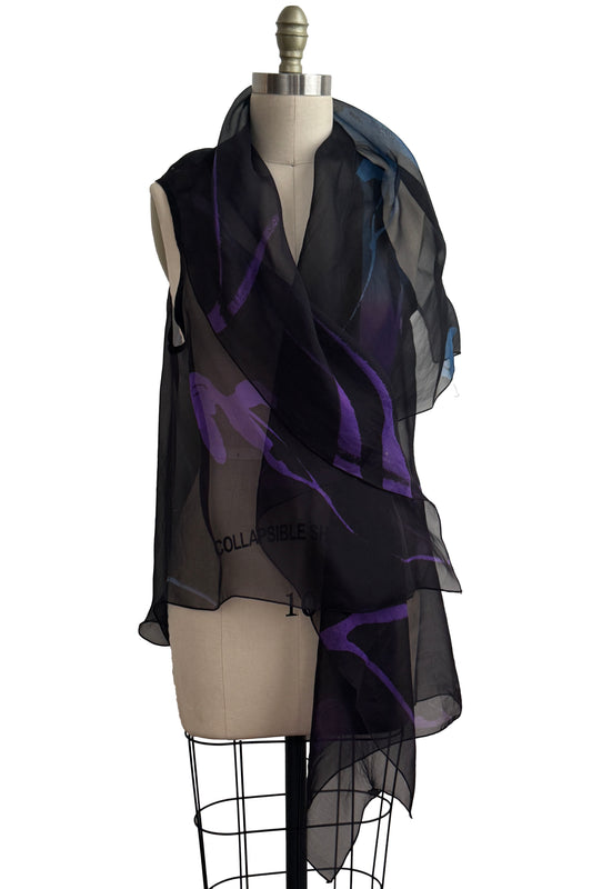 Asymmetrical Wrap Vest | Silk Organza | Tulip Print | Black, Purple & Blue