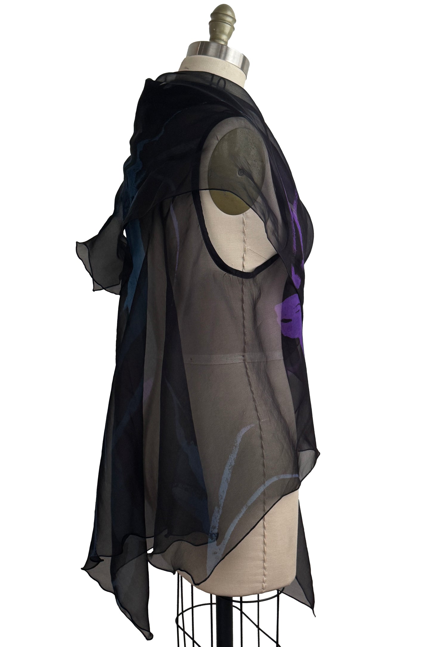 Asymmetrical Wrap Vest | Silk Organza | Tulip Print | Black, Purple & Blue