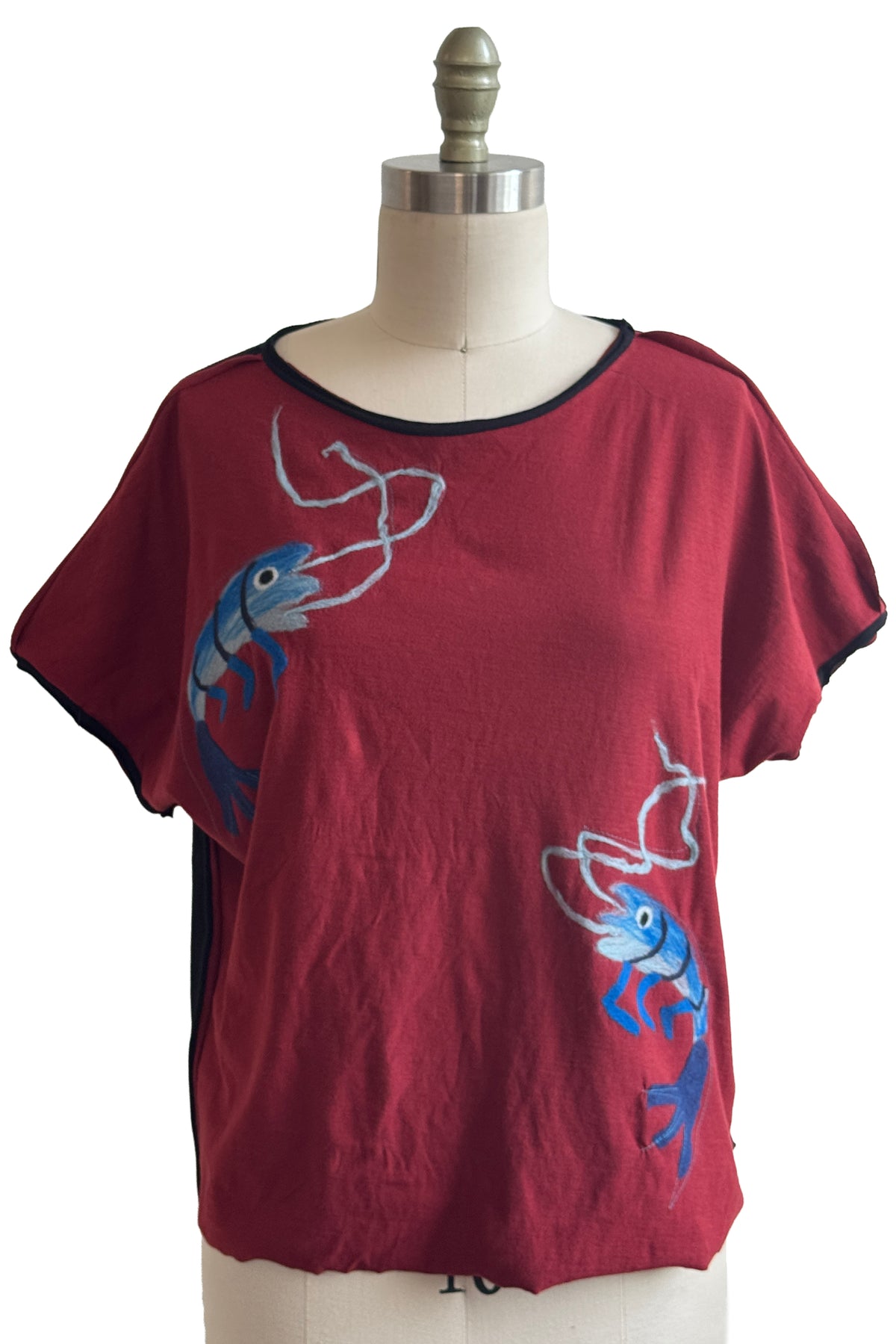 Jen Top | Organic Cotton Jersey | Needle Felted Crawfish | Red & Black | Medium