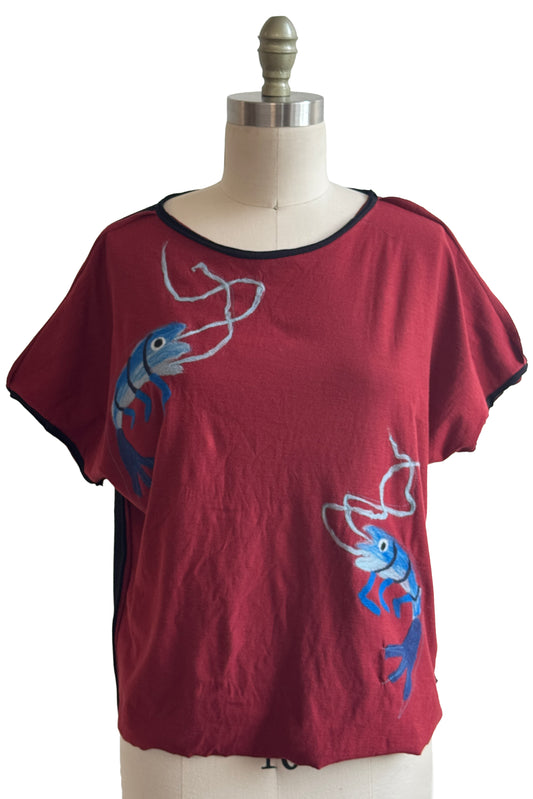 Jen Top | Organic Cotton Jersey | Needle Felted Crawfish | Red & Black | Medium
