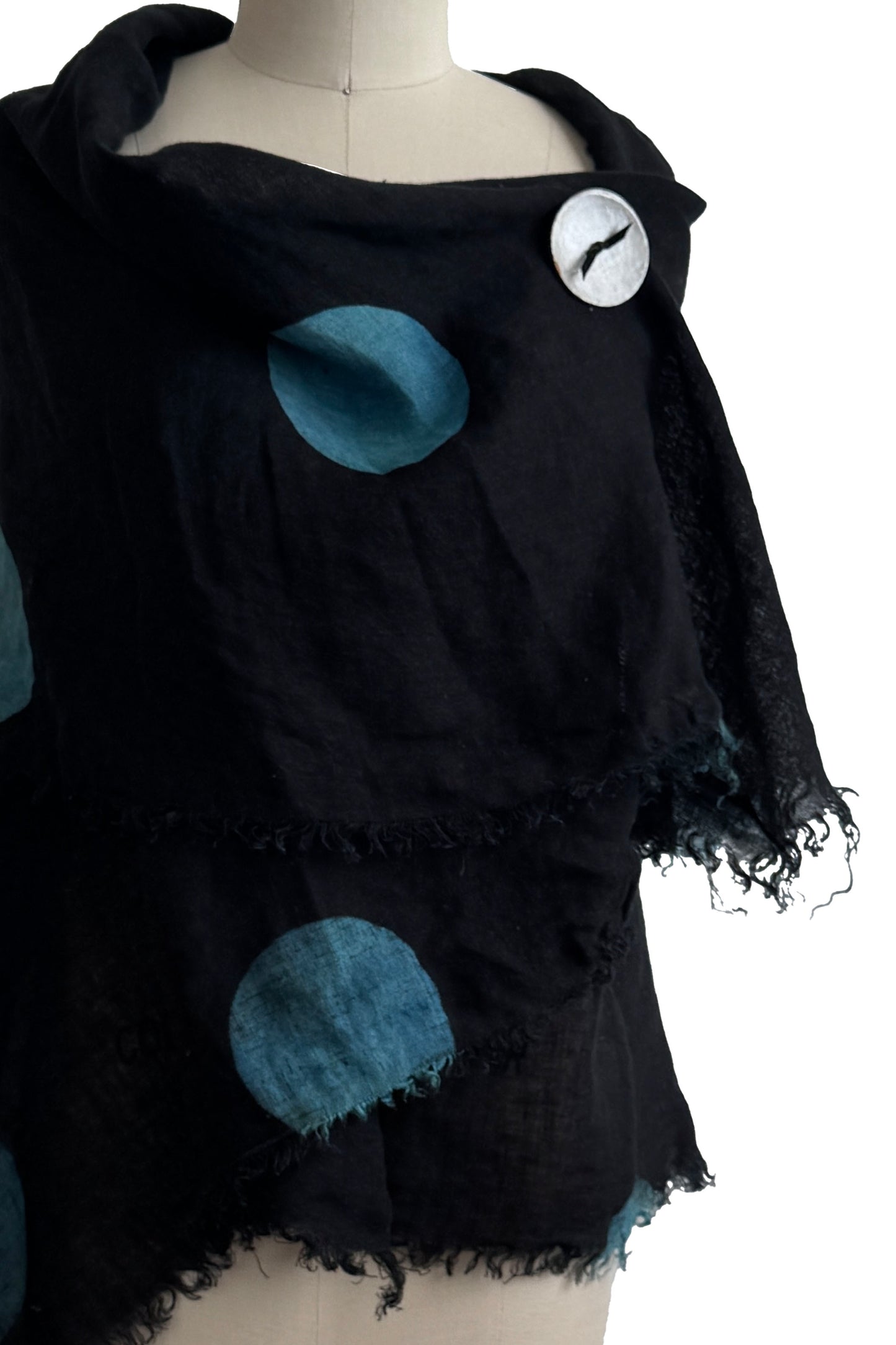 Asymmetrical Wrap Vest | Open Weave Linen | Moon Dot Print | Light Blue & Black