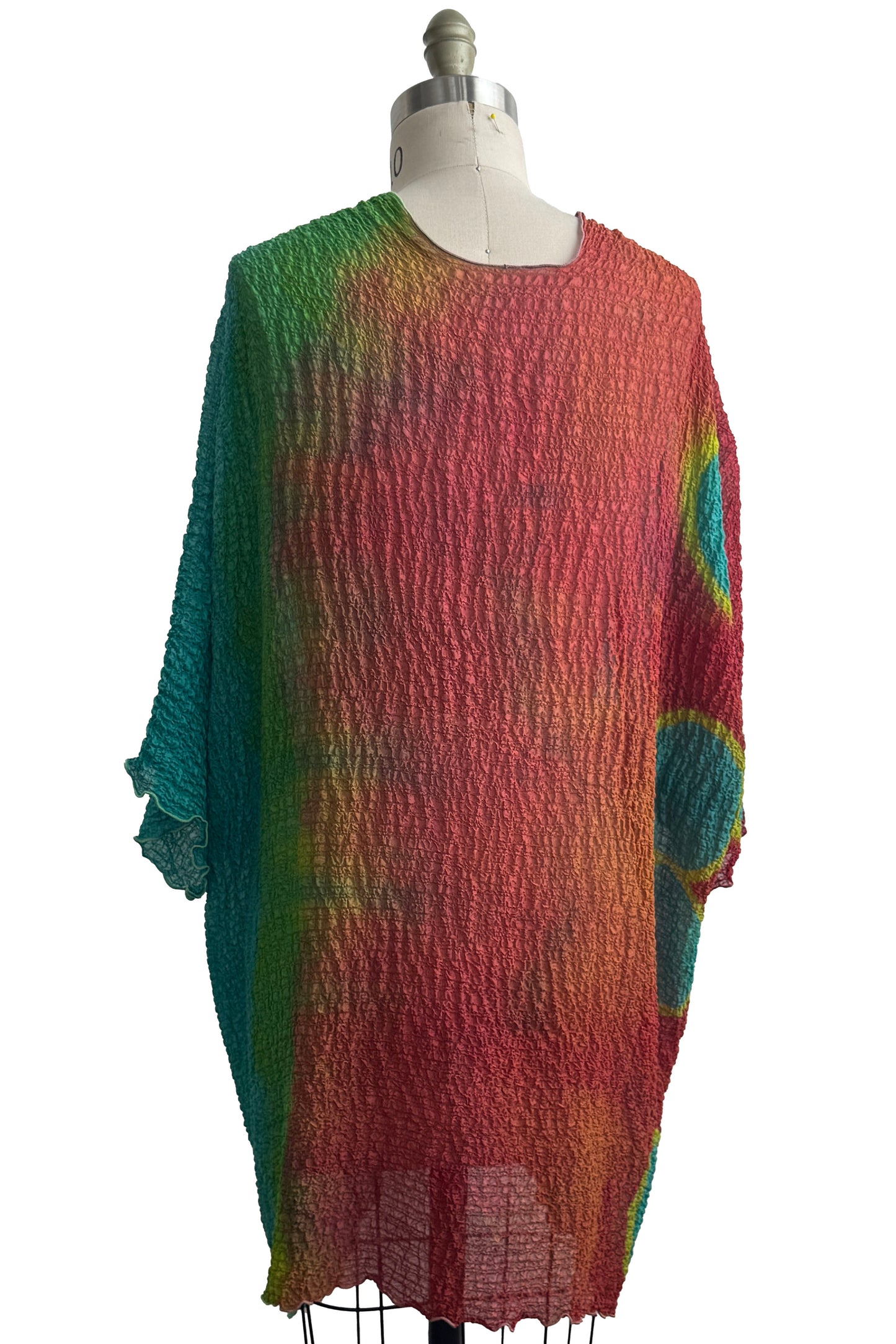 Lundy Duster | Waffle Textured Silk | Itajime Dye | Turquoise, Rust & Yellow