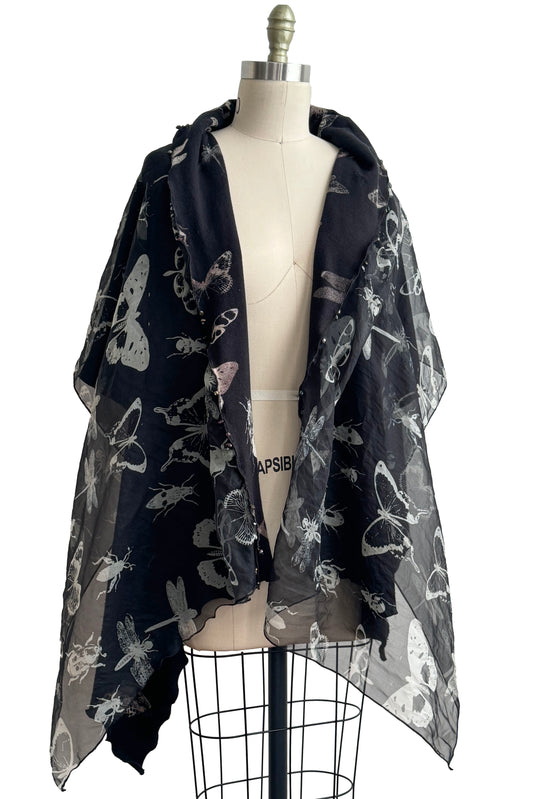 Organza Double Knit Shawl w/ Bug Print - Black & Natural