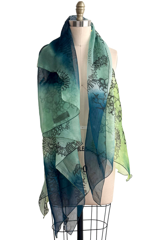 Asymmetrical Wrap Vest | Silk Organza | Ombre Dyed & Sea Print | Turquoise