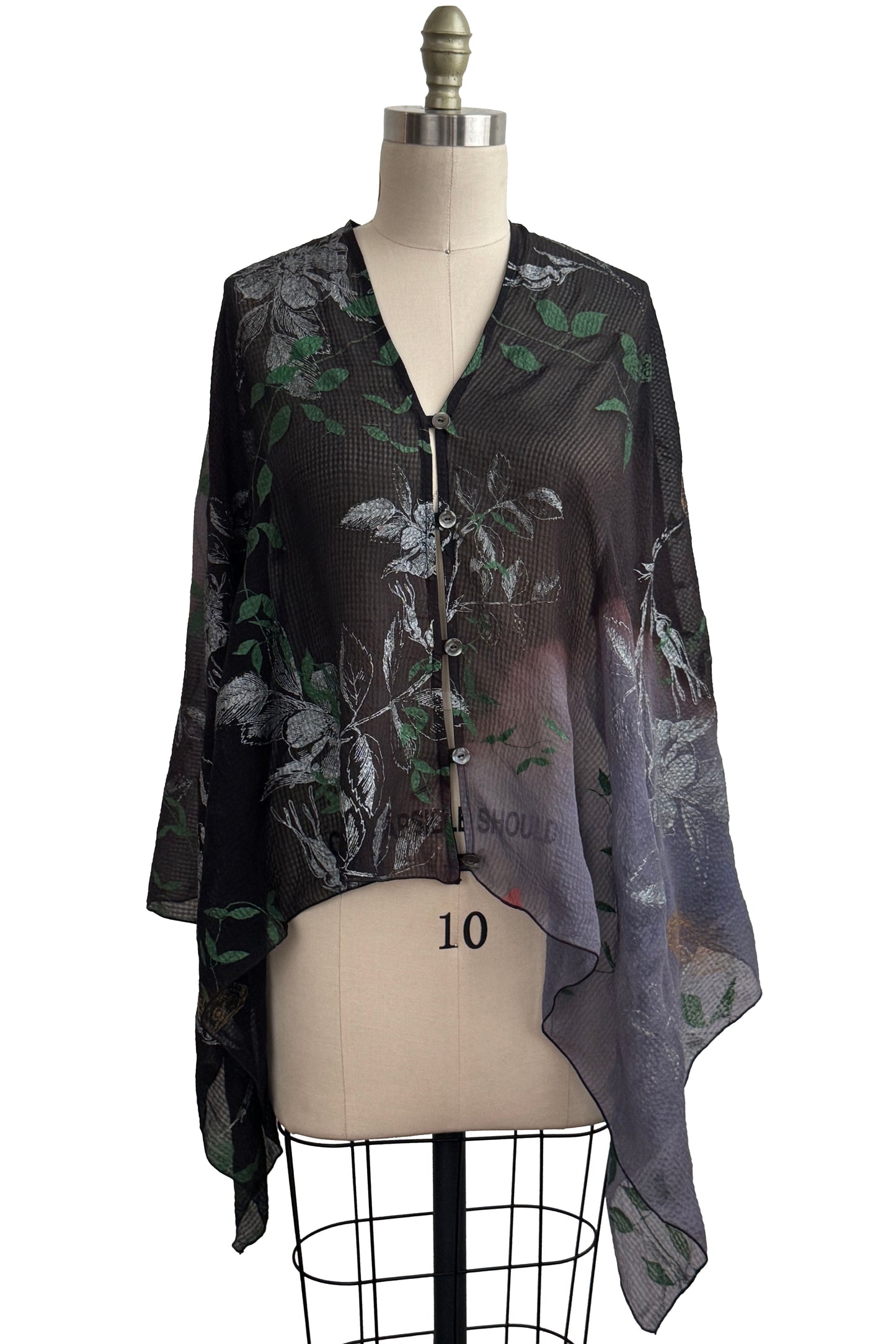 Button Drape | Seersucker Silk | Vines & Moth Print | Black & Purple