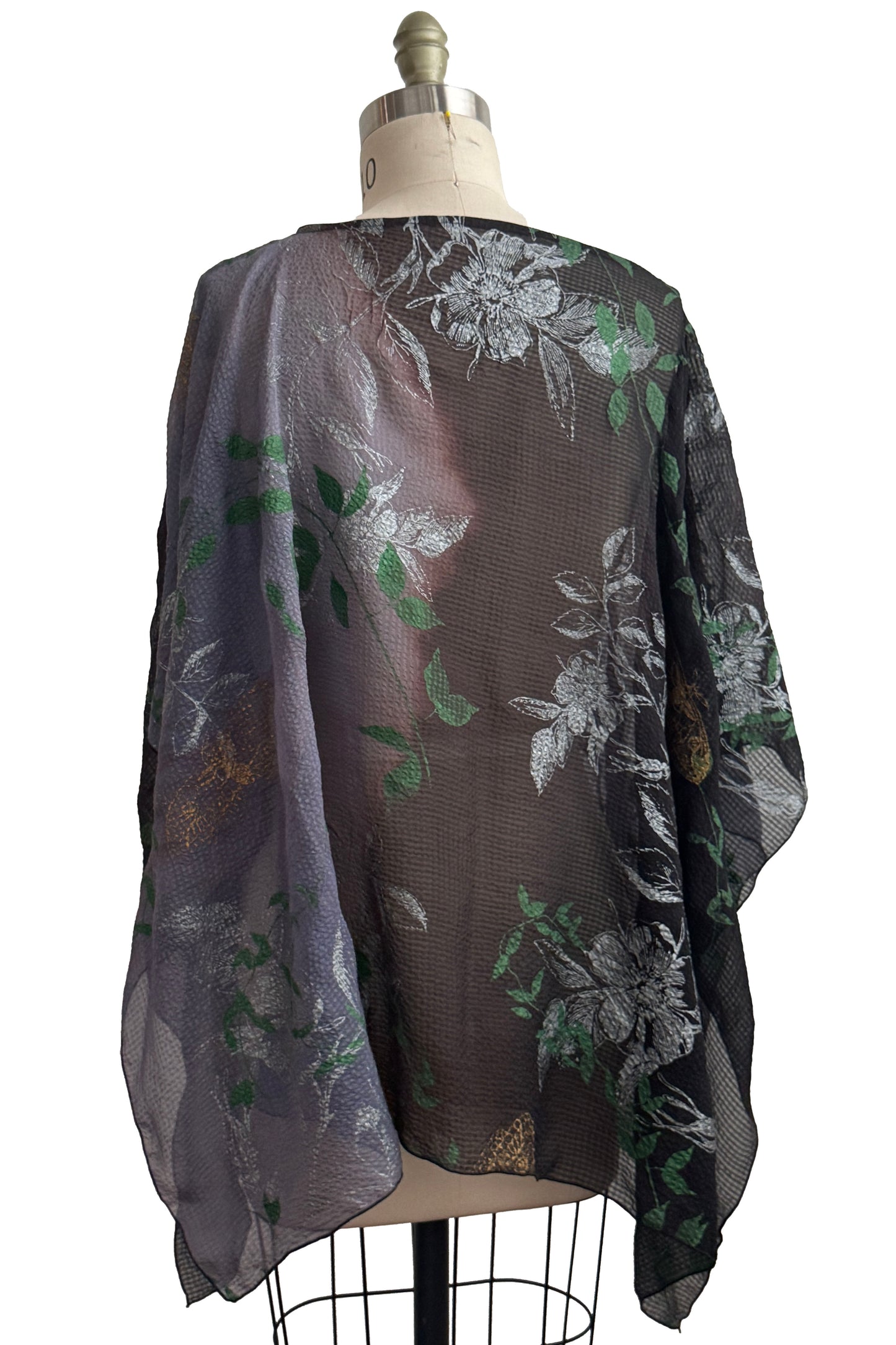Button Drape | Seersucker Silk | Vines & Moth Print | Black & Purple