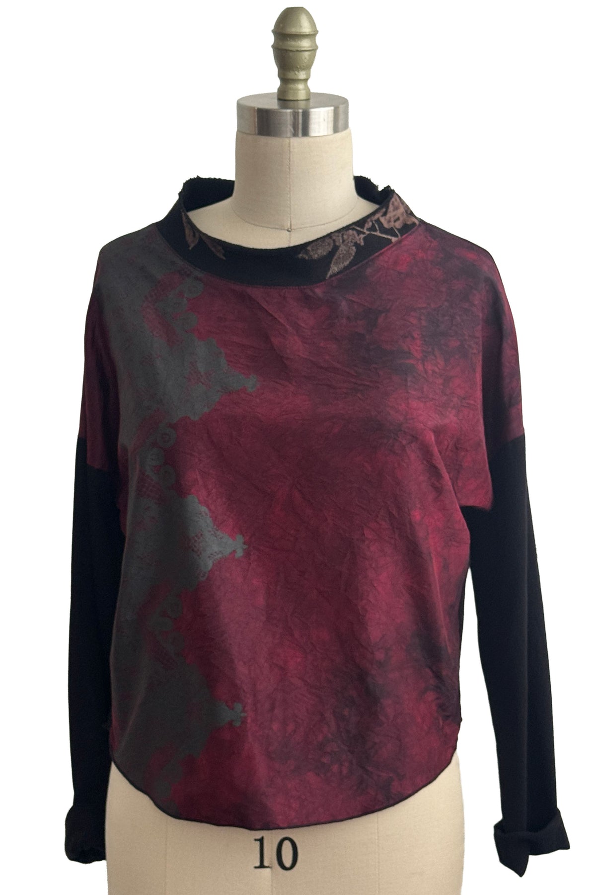 Jen Top w/ Sleeves | Dupioni & Organic Cotton Jersey | Lace Print | Black & Burgundy | Small