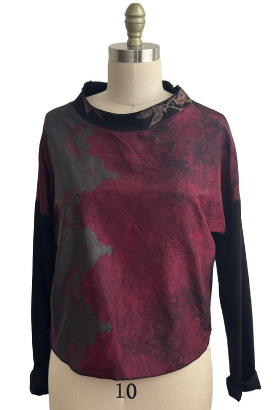 Jen Top w/ Sleeves | Dupioni & Organic Cotton Jersey | Lace Print | Black & Burgundy | Small
