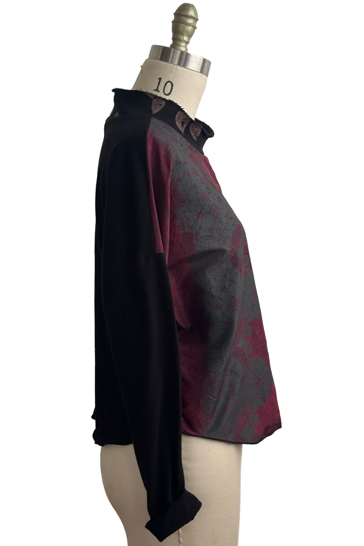 Jen Top w/ Sleeves | Dupioni & Organic Cotton Jersey | Lace Print | Black & Burgundy | Small