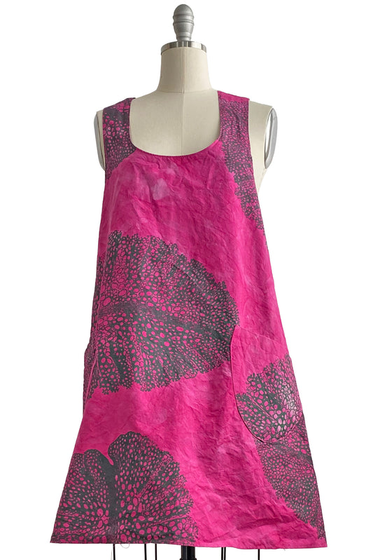 Apron Dress in Cotton w/ Big Leaf Print - Magenta & Green