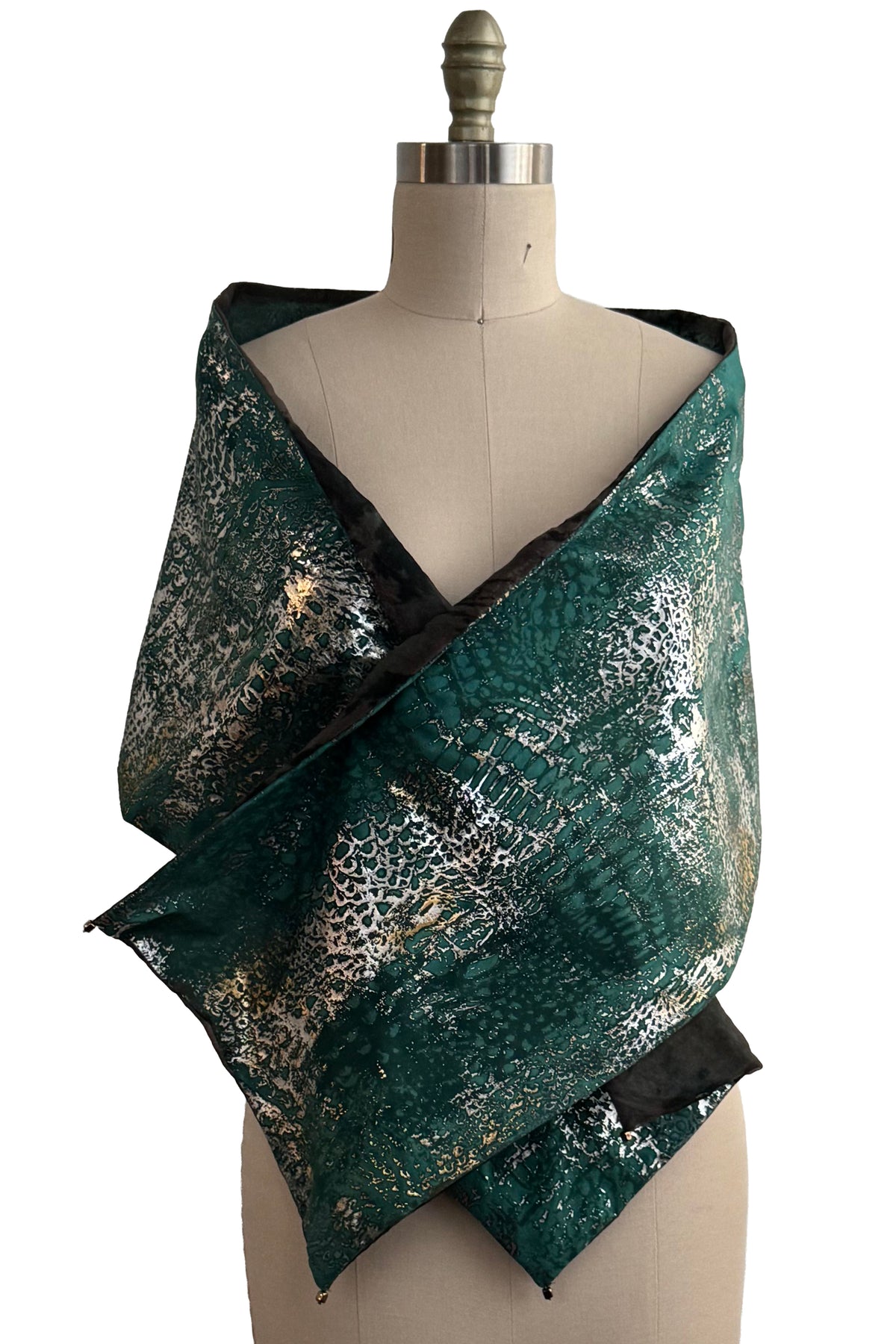 Scarf in Silk Organza & Taffeta | Alligator Foil Print | Turquoise, Silver & Grey