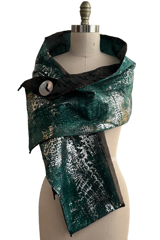 Scarf in Silk Organza & Taffeta | Alligator Foil Print | Turquoise, Silver & Grey