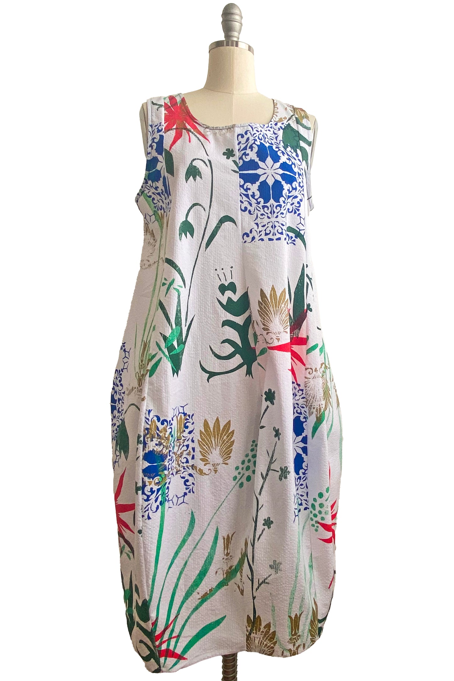 Plum Dress w/ Papercut Flora Print - White, Green & Multi