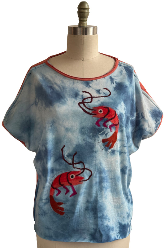 Jen Top | Organic Cotton Jersey | Needle Felted Crawfish | Blue & Coral | Large - 4