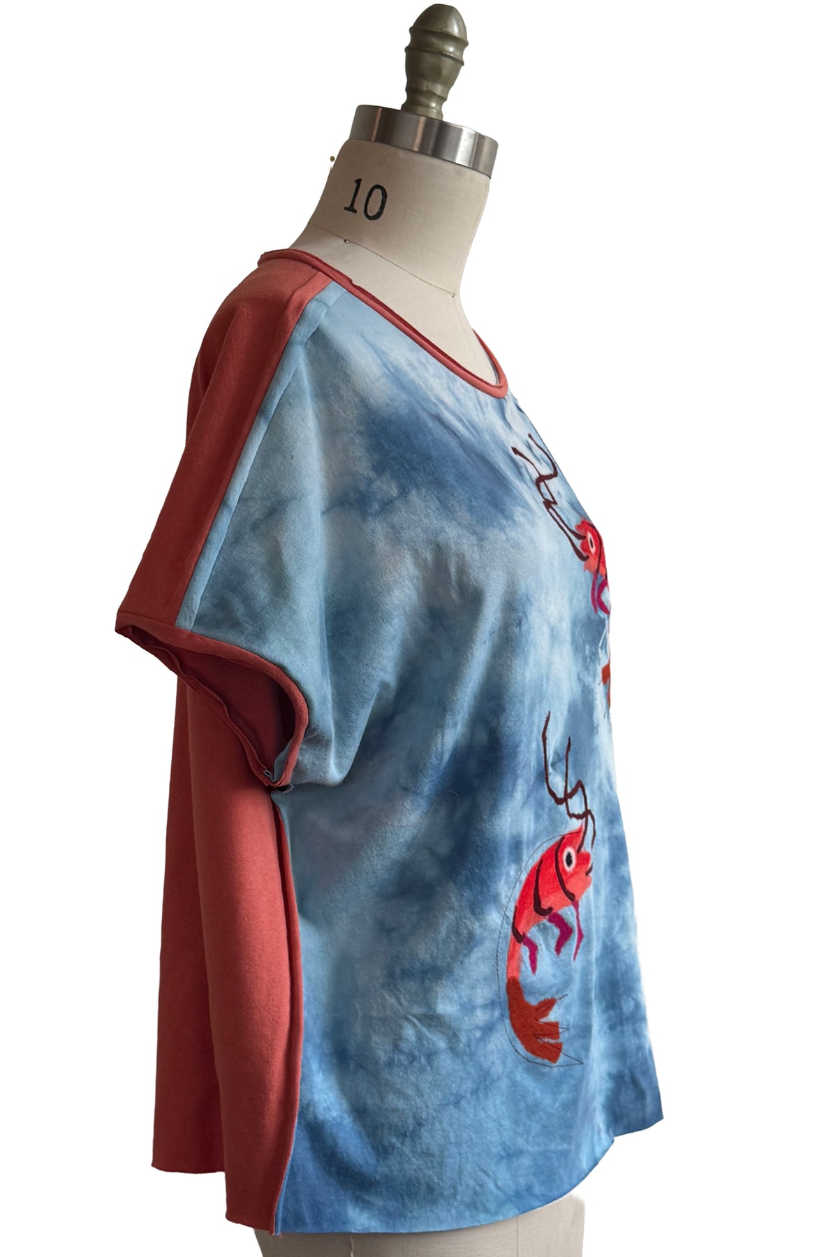 Jen Top | Organic Cotton Jersey | Needle Felted Crawfish | Blue & Coral | Large - 4