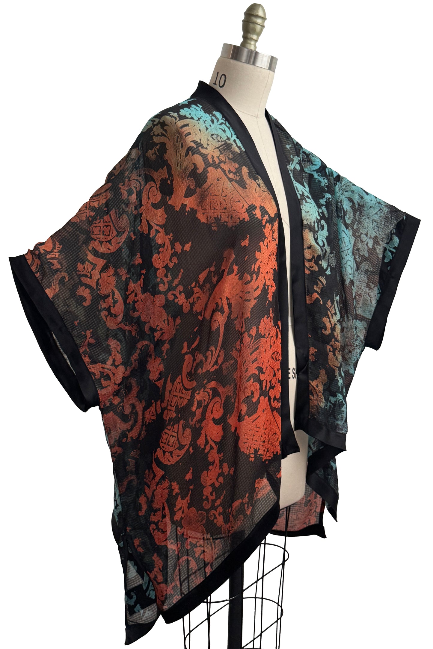 Lucianne Drape | Seersucker Silk | Wallpaper Print | Black, Orange & Turquoise