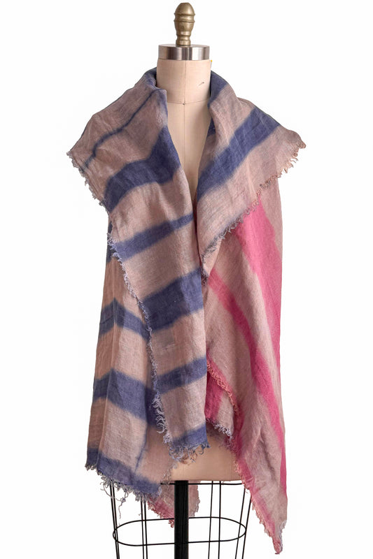 Asymmetrical Wrap Vest | Open Weave Linen | Itajime Dyed | Natural, Red & Blue