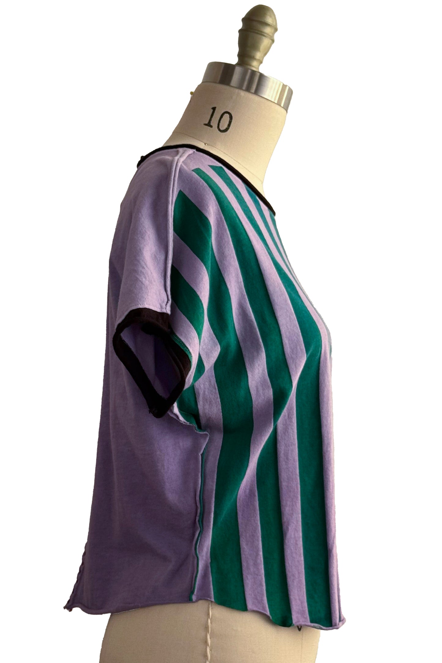 Jen Top | Organic Cotton Jersey | Painted Stripe & Needle Felted Flower | Purple, Green & Blue | Small