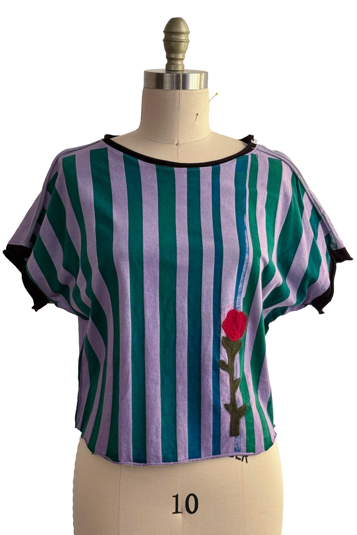 Jen Top | Organic Cotton Jersey | Painted Stripe & Needle Felted Flower | Purple, Green & Blue | Small