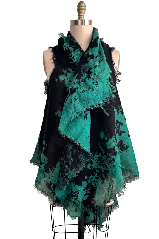 Asymmetrical Wrap Vest | Open Weave Linen | Bramble Print | Black & Green