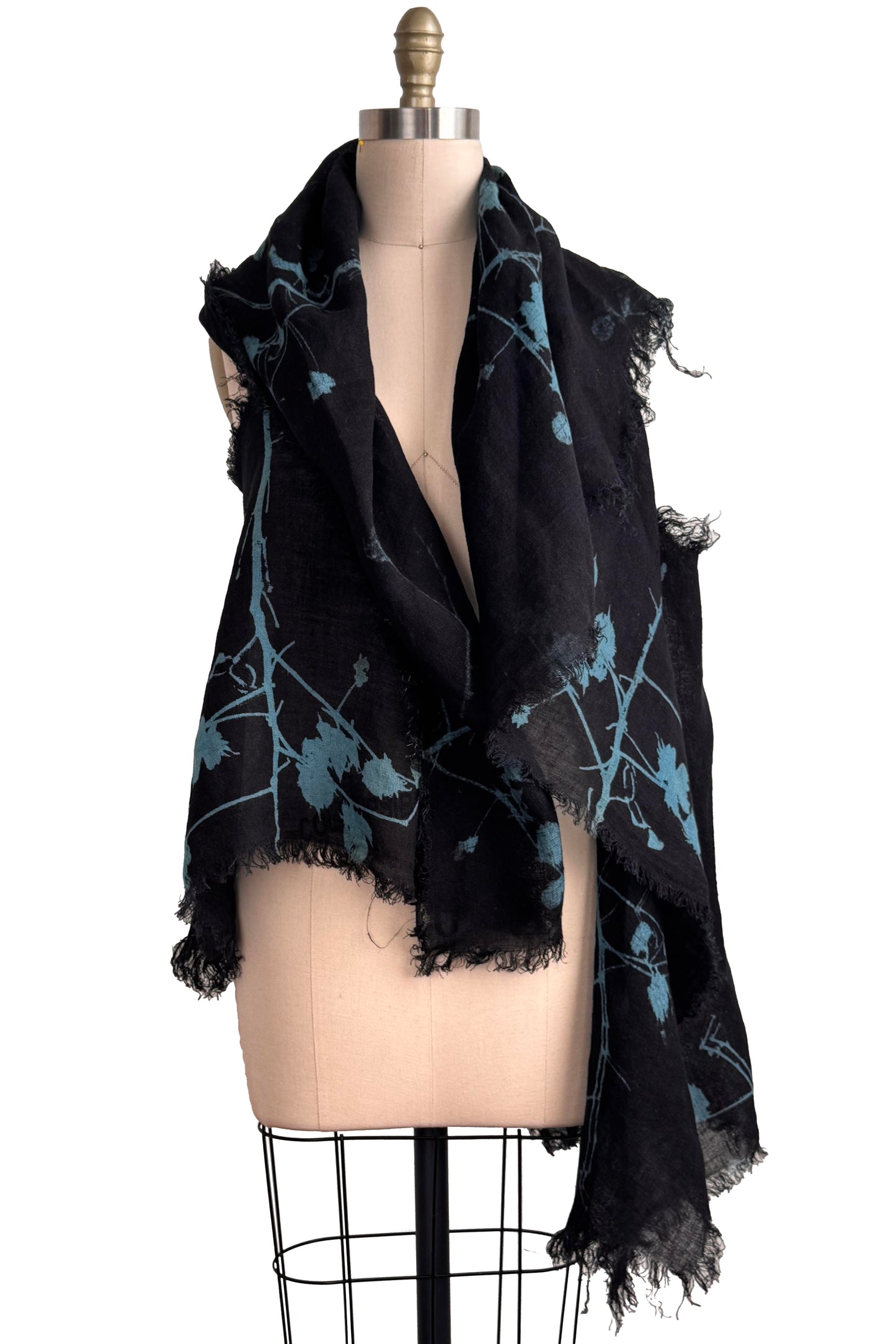Asymmetrical Wrap Vest | Open Weave Linen | Cotton Print | Black & Turquoise
