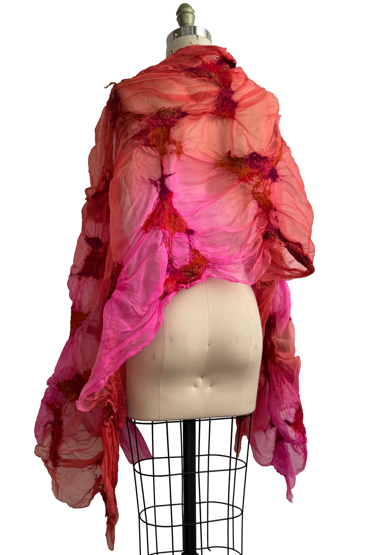 Felted Organza Shawl w/ Wallpaper Print - Pink & Orange