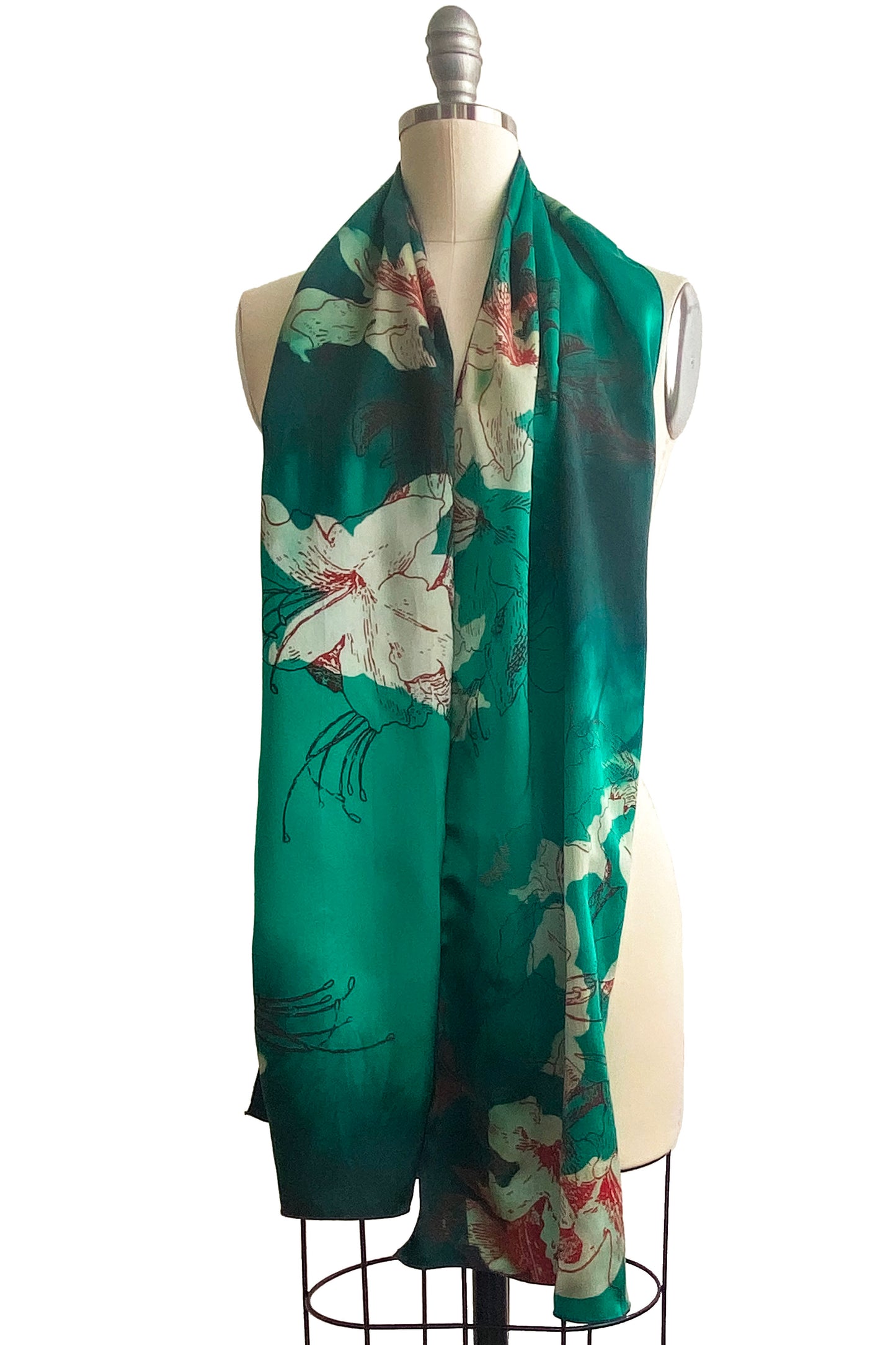 Scarf in Silk Charmeuse w/ Azalea Print - Green, Black & Red