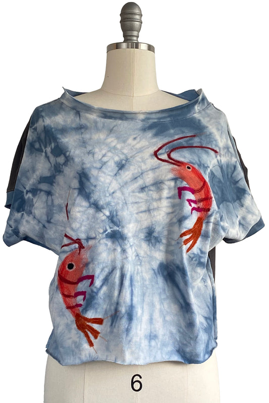 Jen Crop Top w/ Felted Crawfish - White, Orange & Blue - Medium