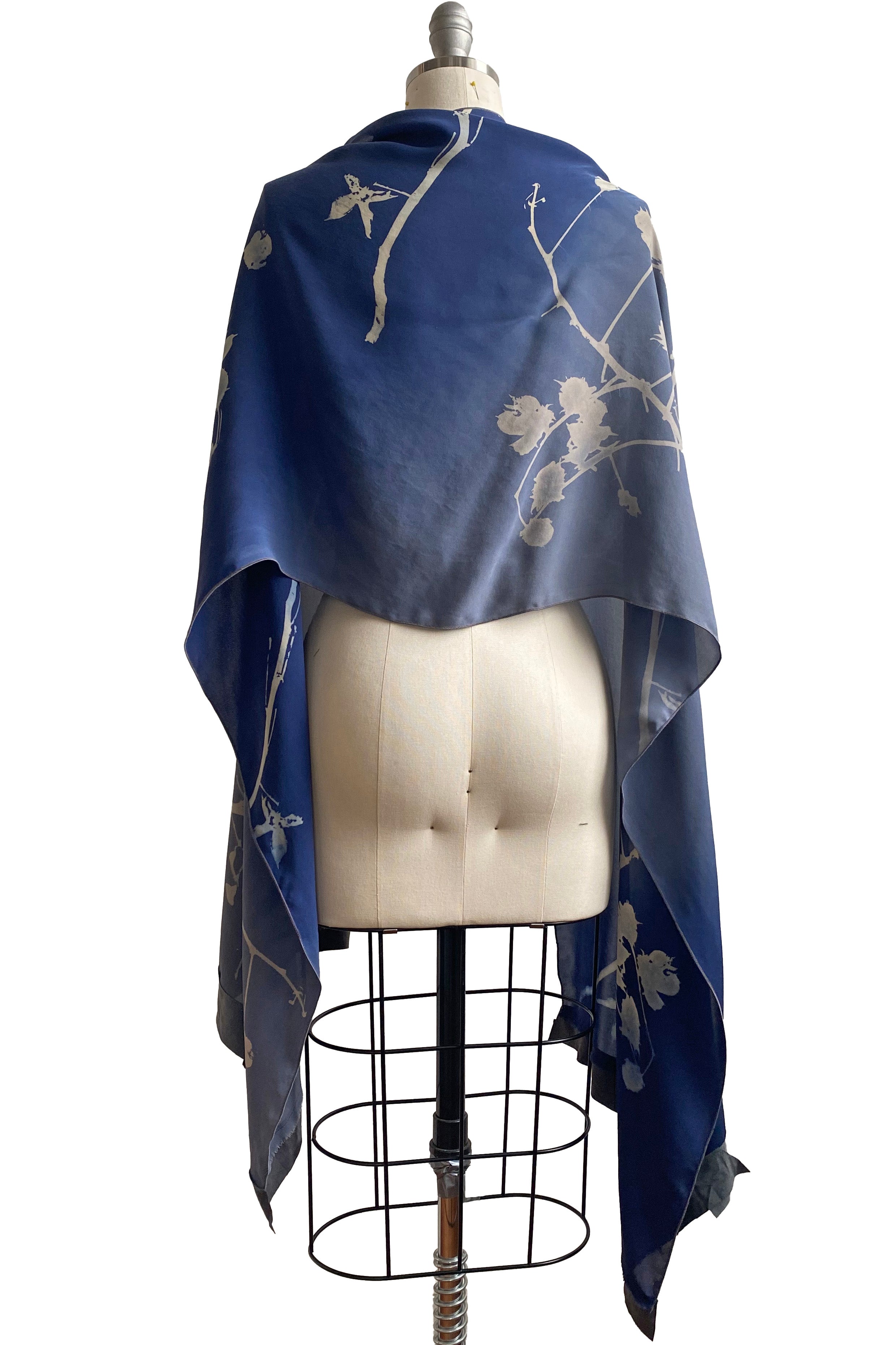 Shawl in Silk Chiffon w/ Leather Trim - Cotton Print - Blue & Grey