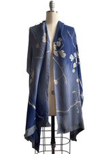 Load image into Gallery viewer, Shawl in Silk Chiffon w/ Leather Trim - Cotton Print - Blue &amp; Grey
