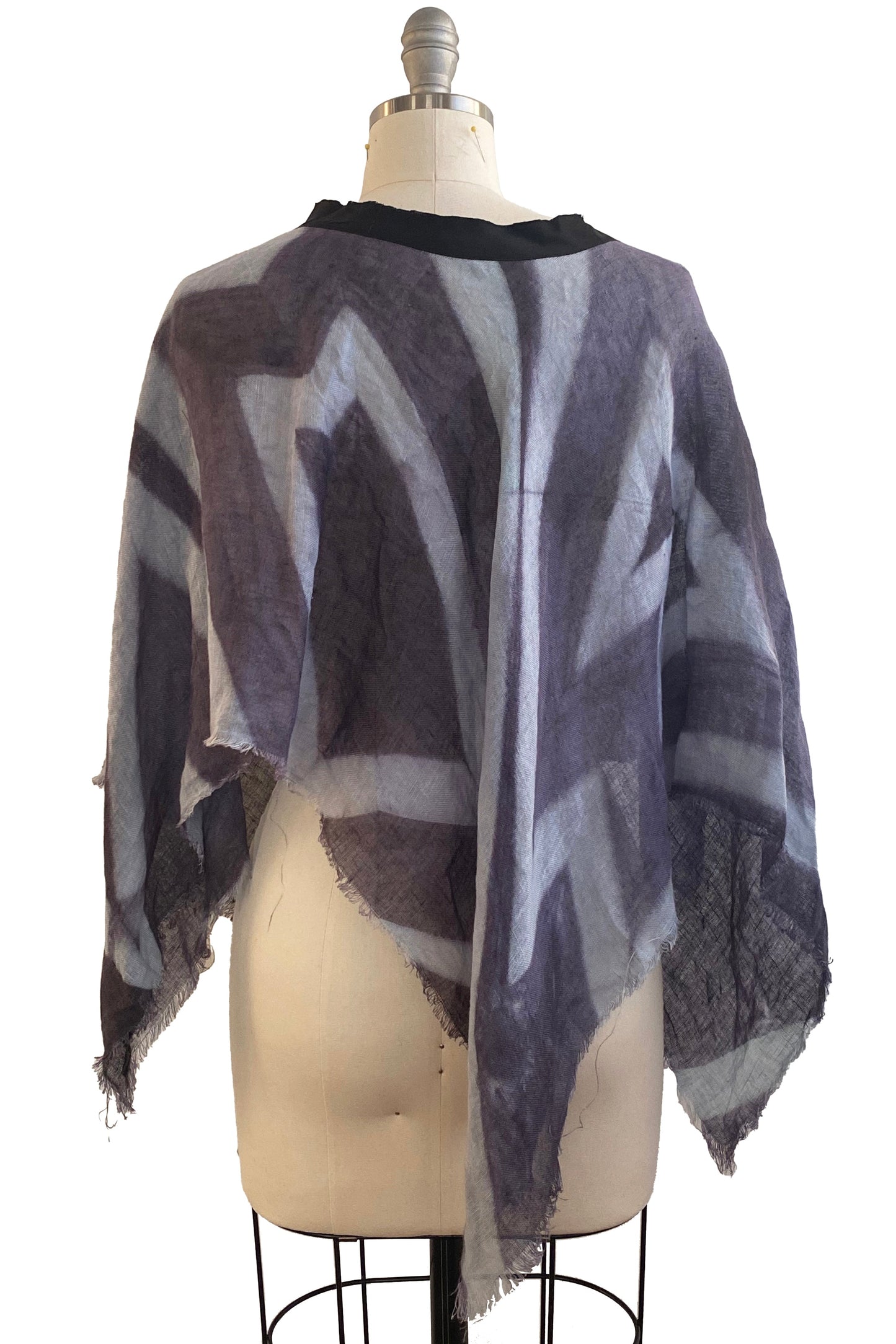 Poncho in Open Weave Linen w/ Itajime Dye - Charcoal & Light Blue