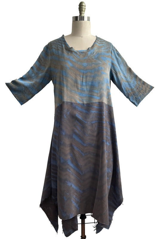 Marais Dress in Stretch Silk & Crepe De Chine w/ Shibori Arashi - Blue & Grey - Medium